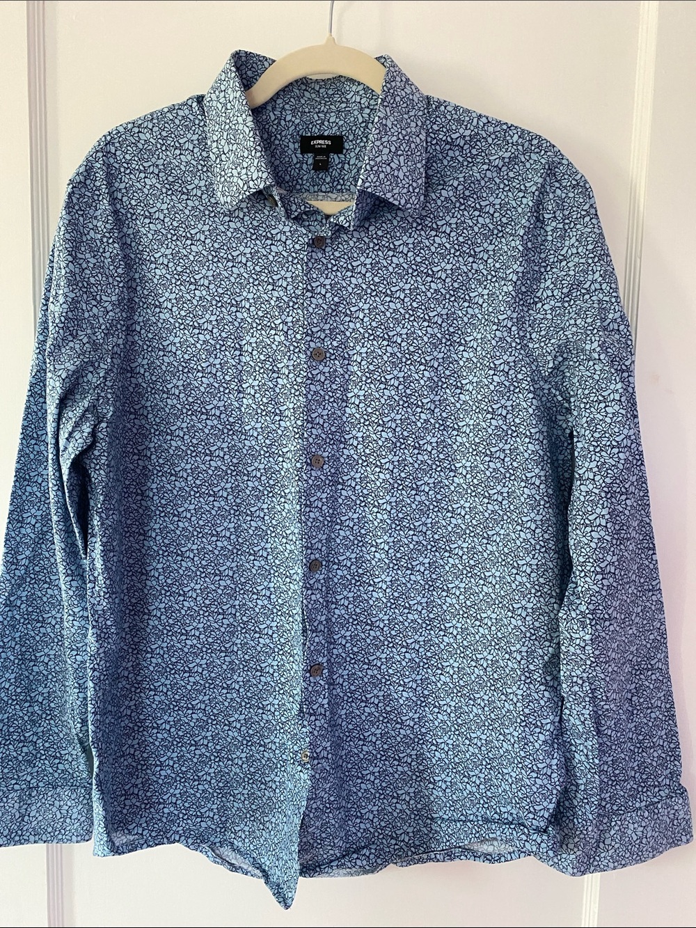Express Blue Floral-Print Long Sleeve Button-Down Shirt